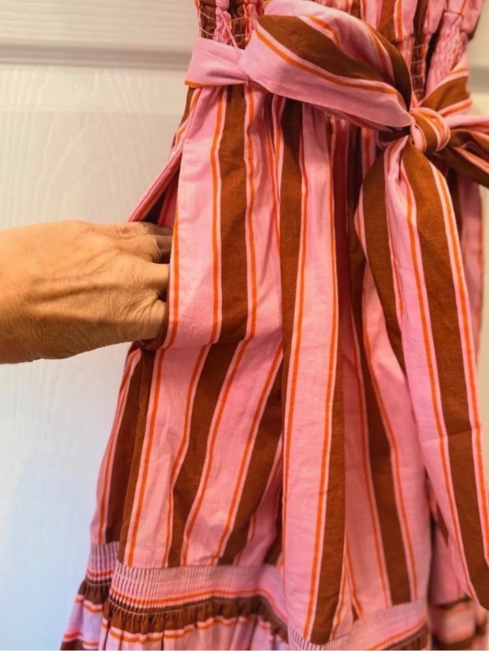 Kate Spade Dress Small Pink Brown Stripe Ruffle Sleeve Tie Waist Pockets cotton